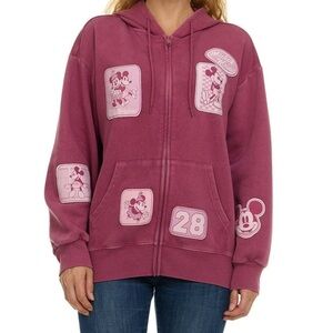 Disney Women's Sweater in Maroon with Pink Mickey and Minnie Mouse Patches